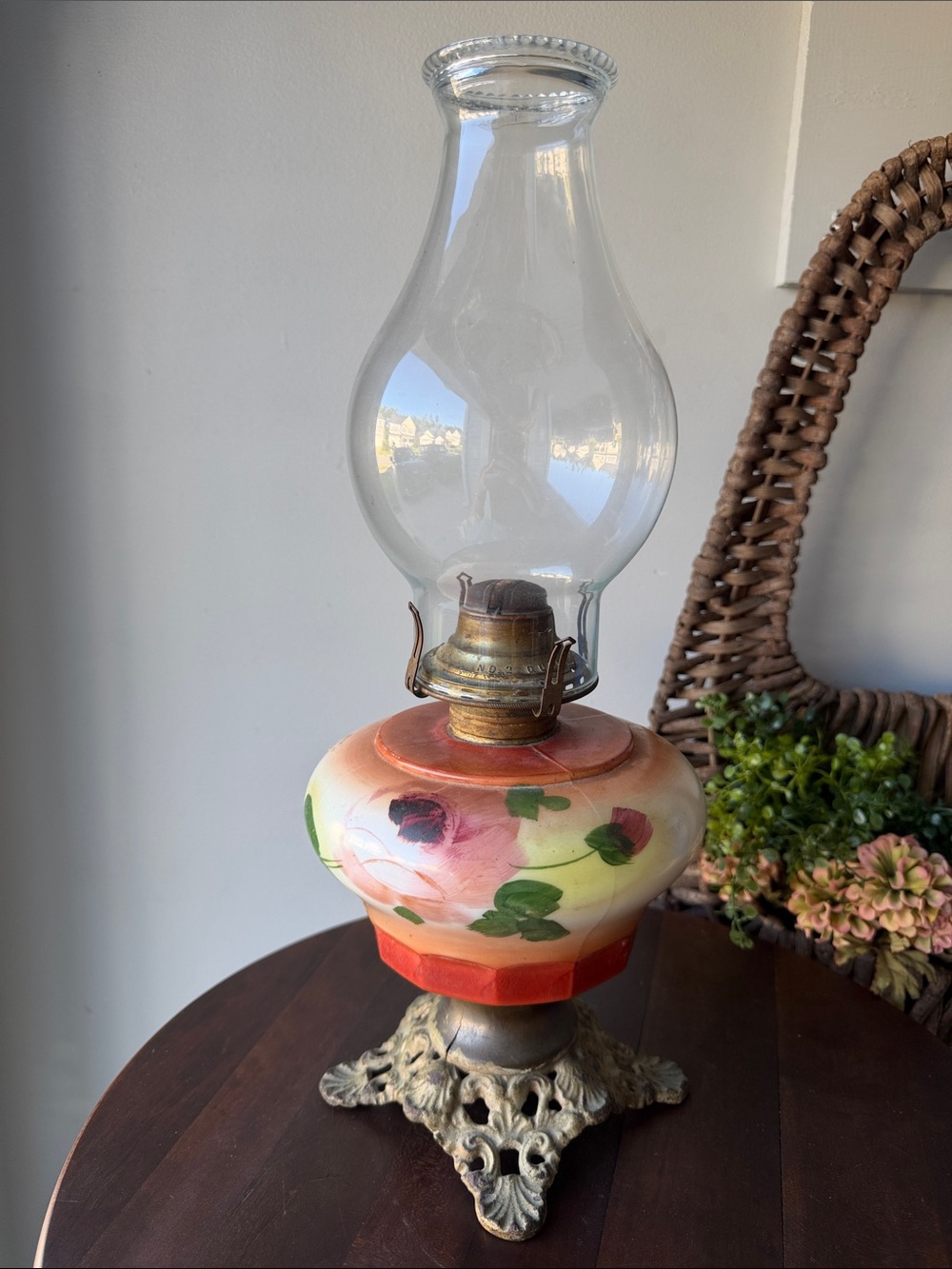 Antique Hand-Painted Floral Oil Lamp - Clear Glass Chimney